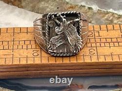 Vintage S. Ray Signed Navajo Sterling Silver Eagle Wing Ring in size 12.5-33.25