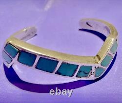 Vintage Santa Fe American Indian Lightening Rod Silver Inlaid Turquoise Bracelet