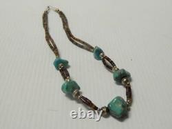 Vintage Santo Domingo Pueblo Indian Necklace Turquoise +s. Silver Beads + Heishi