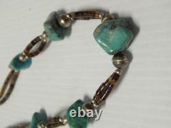 Vintage Santo Domingo Pueblo Indian Necklace Turquoise +s. Silver Beads + Heishi