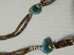 Vintage Santo Domingo Pueblo Indian Necklace Turquoise +s. Silver Beads + Heishi