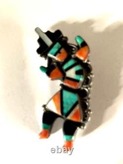 Vintage Signed NOA Estate Zuni Jewelry Dancer Brooch Turquoise, Coral, MOP, Jet