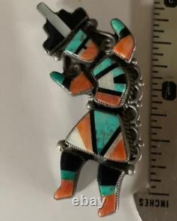 Vintage Signed NOA Estate Zuni Jewelry Dancer Brooch Turquoise, Coral, MOP, Jet