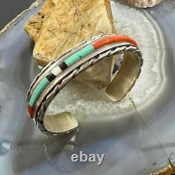 Vintage Signed Native American Silver Multi Gemstone Inlay Bracelet For Women