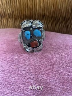 Vintage Signed Navajo Sterling Silver Turquoise And Coral Cuff Bracelet