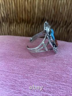 Vintage Signed Navajo Sterling Silver Turquoise And Coral Cuff Bracelet