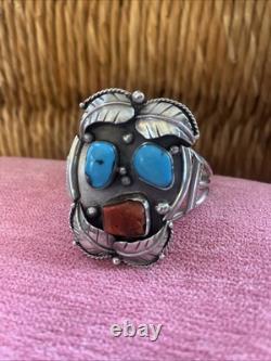 Vintage Signed Navajo Sterling Silver Turquoise And Coral Cuff Bracelet