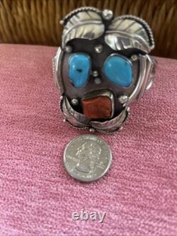 Vintage Signed Navajo Sterling Silver Turquoise And Coral Cuff Bracelet
