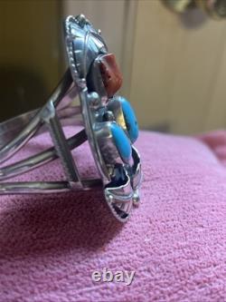 Vintage Signed Navajo Sterling Silver Turquoise And Coral Cuff Bracelet