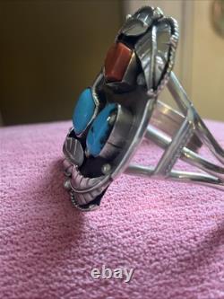 Vintage Signed Navajo Sterling Silver Turquoise And Coral Cuff Bracelet