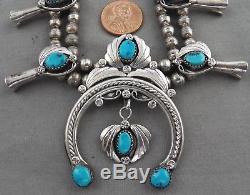 Vintage, Signed, Navajo Sterling Silver & Turquoise Squash Blossom Necklace