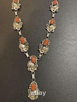 Vintage Signed Rl Native American Red Coral Navajo Sterling Silver Necklace