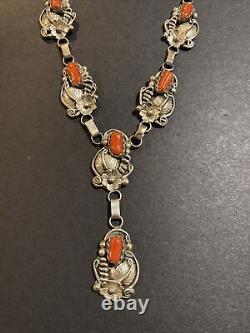 Vintage Signed Rl Native American Red Coral Navajo Sterling Silver Necklace