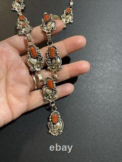 Vintage Signed Rl Native American Red Coral Navajo Sterling Silver Necklace