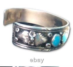 Vintage Signed Sterling Silver Turquoise Bracelet Cuff 3/4 Wide