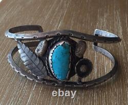Vintage Signed Sterling Silver & Turquoise Hand-stamped Navajo Cuff Bracelet