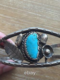 Vintage Signed Sterling Silver & Turquoise Hand-stamped Navajo Cuff Bracelet