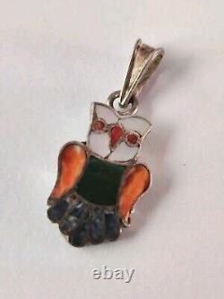 Vintage Signed Susie Calavaza Zuni Owl Pendant Stone Inlay Sterling Silver