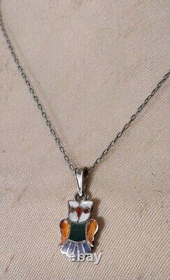 Vintage Signed Susie Calavaza Zuni Owl Pendant Stone Inlay Sterling Silver