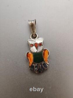 Vintage Signed Susie Calavaza Zuni Owl Pendant Stone Inlay Sterling Silver