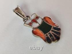 Vintage Signed Susie Calavaza Zuni Owl Pendant Stone Inlay Sterling Silver