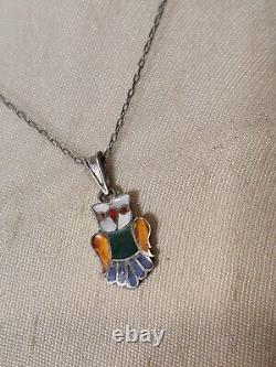 Vintage Signed Susie Calavaza Zuni Owl Pendant Stone Inlay Sterling Silver