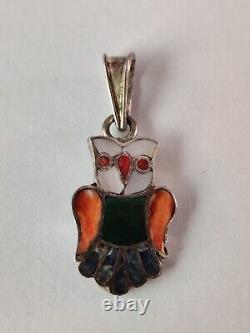 Vintage Signed Susie Calavaza Zuni Owl Pendant Stone Inlay Sterling Silver