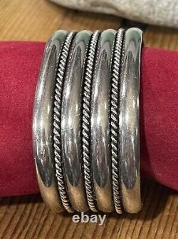 Vintage Signed Tahe Navajo Sterling Silver Twisted Wire Wide Heavy Cuff Bracelet