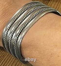 Vintage Signed Tahe Navajo Sterling Silver Twisted Wire Wide Heavy Cuff Bracelet