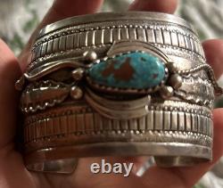 Vintage Signed Thomas Singer Sterling Turquoise Wide Stamped Cuff Bracelet
