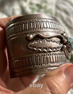 Vintage Signed Thomas Singer Sterling Turquoise Wide Stamped Cuff Bracelet