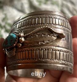 Vintage Signed Thomas Singer Sterling Turquoise Wide Stamped Cuff Bracelet Vintage Signed Thomas Singer Sterling Turquoise Wide Stamped Cuff Bracelet