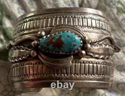 Vintage Signed Thomas Singer Sterling Turquoise Wide Stamped Cuff Bracelet