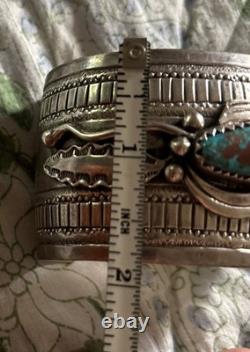 Vintage Signed Thomas Singer Sterling Turquoise Wide Stamped Cuff Bracelet