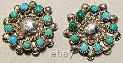 Vintage Signed Zuni Faj Sterling Silver Petit Pt Snake Eyes Turquoise Earrings