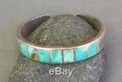 Vintage Silver Native American Squared Greenish Turquoise Inlay Cuff Bracelet