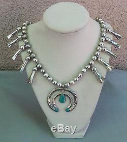 Vintage Silver Turquoise Squash Blossom Necklace With Stamped Naja