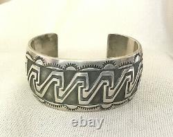 Vintage Stamped Rug Design Sterling Silver Cuff Bracelet