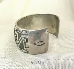 Vintage Stamped Rug Design Sterling Silver Cuff Bracelet