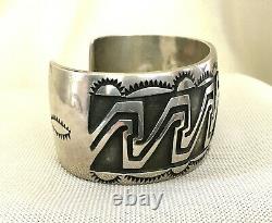 Vintage Stamped Rug Design Sterling Silver Cuff Bracelet