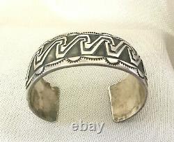 Vintage Stamped Rug Design Sterling Silver Cuff Bracelet