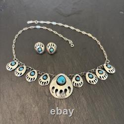Vintage Sterling 18 Necklace Earrings Set Statement Southwest Turquoise Paws 4E