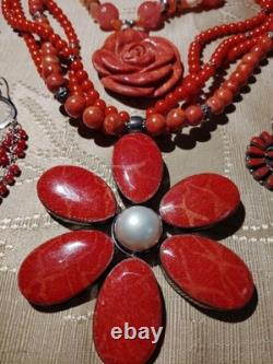 Vintage Sterling 925 Coral Zuni Peyote Bird Necklace Bracelet Earrings 8 Pc Lot