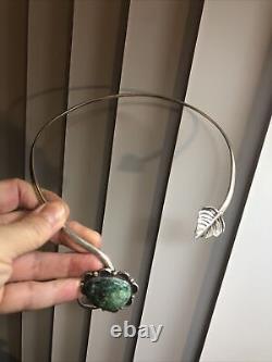 Vintage Sterling 925 Green Turquoise Flower Leaf End Collar Necklace 52g
