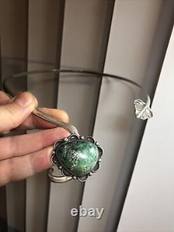 Vintage Sterling 925 Green Turquoise Flower Leaf End Collar Necklace 52g