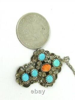 Vintage Sterling 925 James Shay Turquoise & Coral Navajo Cross Necklace 10g B12