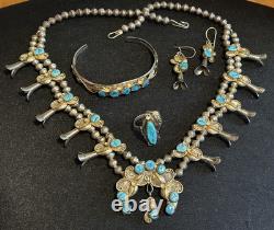 Vintage Sterling/GF Turquoise Squash Blossom Necklace Bracelet Earrings Ring Set