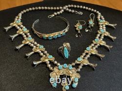 Vintage Sterling/GF Turquoise Squash Blossom Necklace Bracelet Earrings Ring Set