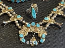 Vintage Sterling/GF Turquoise Squash Blossom Necklace Bracelet Earrings Ring Set