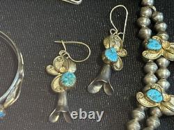 Vintage Sterling/GF Turquoise Squash Blossom Necklace Bracelet Earrings Ring Set